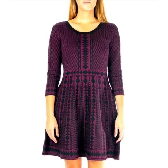 Nina Leonard Wine and Black Fit and Flare Sweater Knit Dress Size Medium NWT - Picture 9 of 15